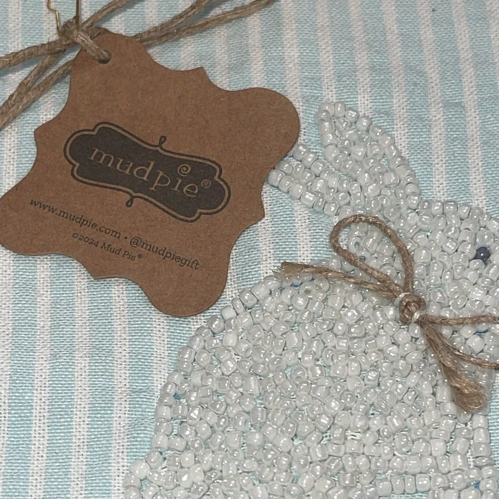 NWT- MUDPIE -Striped Blue Tea Towel with beaded Bunny Design